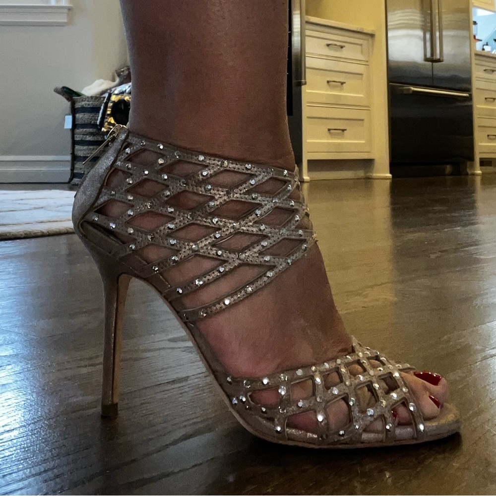Jimmy Choo Shoe Beige Gold Leather Rhinestones Cage Ankle Size 38.5